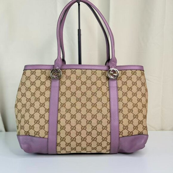 Gucci GG Logo Supreme Shoulder Bag Tote Purple Trim & Beige Patterned Design - Picture 2 of 7